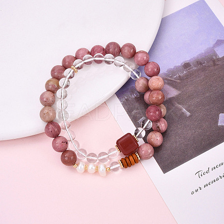 Round Natural Fresh Water Pearl & Red Agate Rhodonite & Quartz Crystal Beaded  Wrap Bracelets for Men Women BJEW-T022-07-1