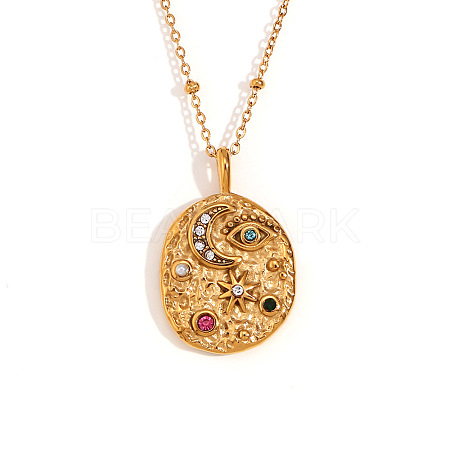 304 Stainless Steel Colorful Rhinestone Oval with Moon Star Pendant Necklaces for Women WG3D517-01-1