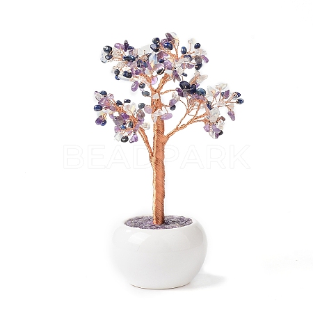 Natural & Synthetic Gemstone Chips with Brass Wrapped Wire Money Tree on Ceramic Vase Display Decorations DJEW-B007-02D-1