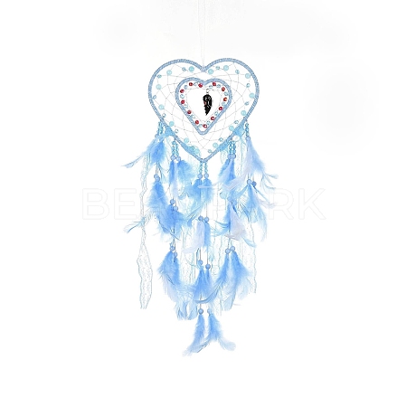 Heart Woven Web/Net with Feather Hanging Ornaments HJEW-G025-12B-1