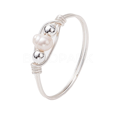 Copper Wire Wrapped Natural Cultured Freshwater Pearl Beads Finger Rings for Women RJEW-JR00775-02-1