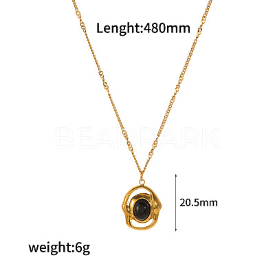 Natural Obsidian Oval Pendant 304 Stainless Steel Chain Necklaces for Women FS-WGE9101-09-1