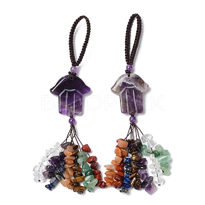 Hamsa Hand/Hand of Miriam Natural Amethyst Pendant Decorations HJEW-R127-02J-1