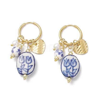 Oval with Flower Pattern 304 Stainless Steel Hoop Earrings EJEW-JE06737-01-1