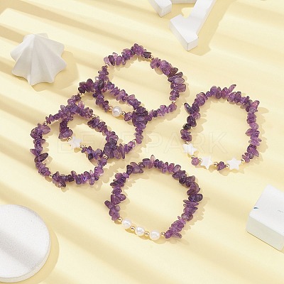 5Pcs 5 Style Natural Amethyst Chips Stretch Bracelets Set BJEW-JB09551-01-1