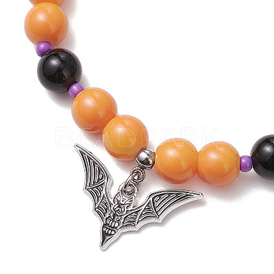 Halloween Theme Baking Paint Glass & Natural Black Onyx(Dyed & Heated) Round Beaded Stretch Bracelets BJEW-MZ00188-02-1