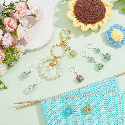 12Pcs 6 Colors Square Flower Handmade Frosted Lampwork Pendant Stitch Markers HJEW-NB00025-1