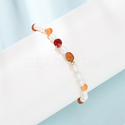 Natural Carnelian Chip and Rice Natural Pearl Beaded Bracelets GG-CBA3297-13G-A-1