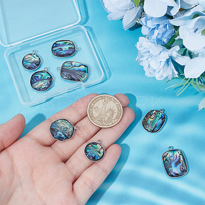 8Pcs 4 Styles 304 Stainless Steel Pave Natural Paua Shell Pendants STAS-UN0063-81-1