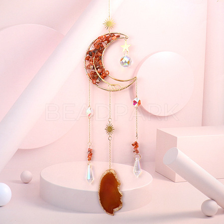 Wire Wrapped Natural Carnelian Moon with Tree of Life Pendant Decorations HJEW-K046-07G-03-1