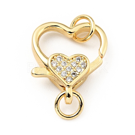 Brass Micro Pave Clear Cubic Zirconia Heart Lobster Claw Clasps KK-G416-35G-1