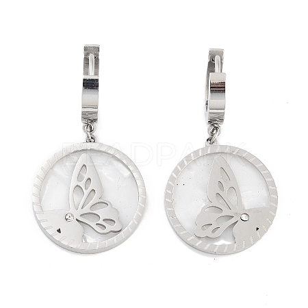 Flat Round with Butterfly 304 Stainless Steel Shell Dangle Earrings EJEW-L283-071P-1