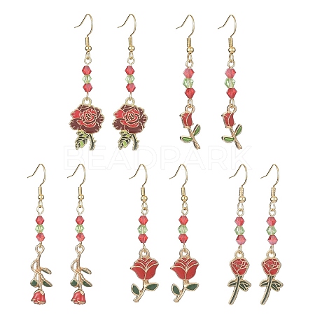 Valentine's Day Theme Alloy Enamel Rose Dangle Earrings with Glass Beaded EJEW-JE05336-1