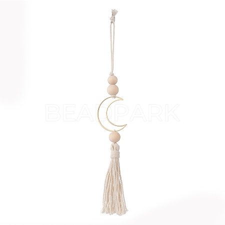 Natural Wood Bead Tassel Pendant Decoraiton HJEW-JM00956-1