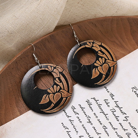 Flat Round Wood Dangle Earrings FS-WGF3184-05-1